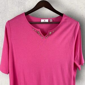 Quacker Factory Jeweled Knit Popover Top Tee T-Shirt Pink With Gold Size 2x